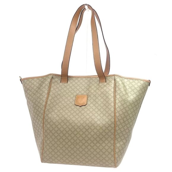 CELINE Logo Macadam Pattern Shoulder Tote Bag PVC Leather Beige Gold 33KA787 - Picture 1 of 16
